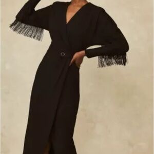Pearl by Lela Rose Black Fringe Sleeve Wrap Dress NWT